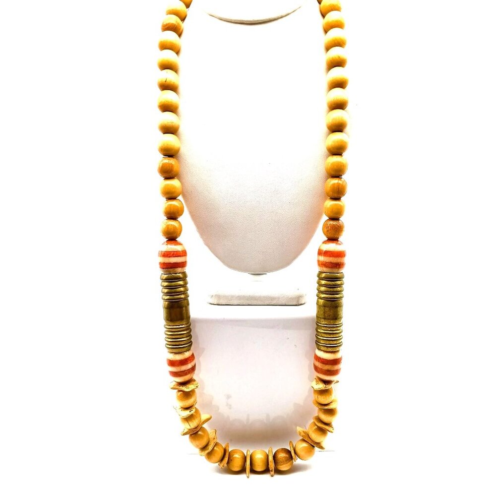 OOAK Vintage Boho Necklace, Large Wooden Beads and Brass Tubes on Silk Cord, Uni